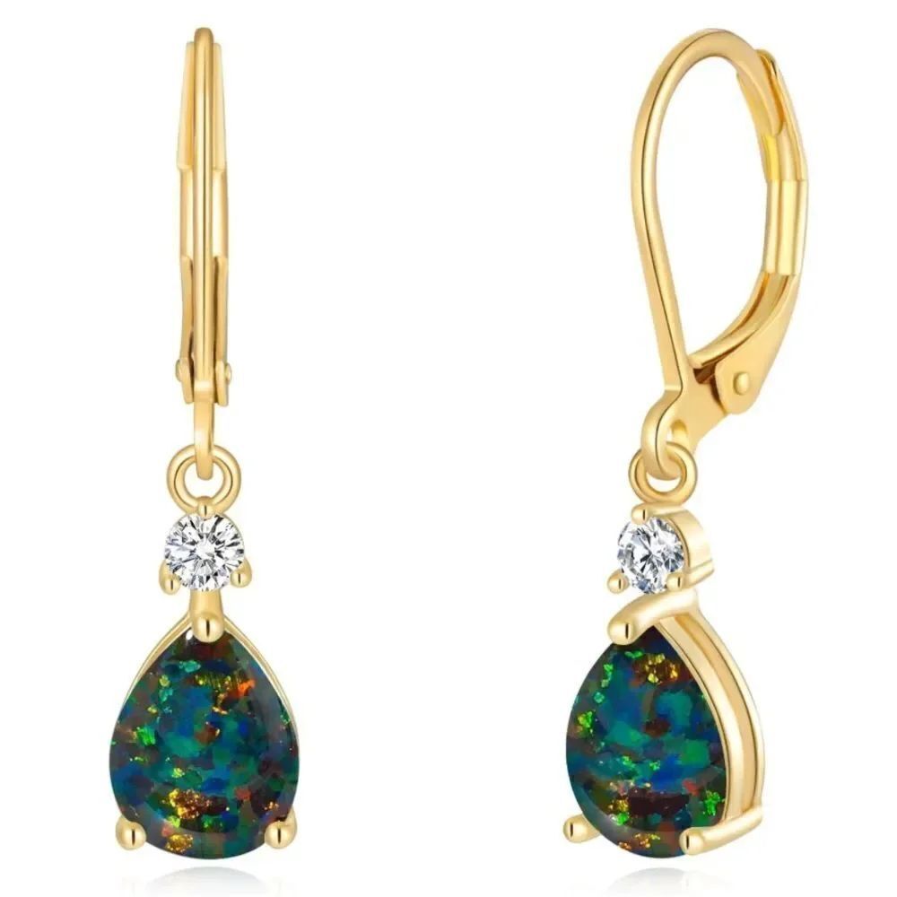 14K Yellow Gold with Genuine Green Black Fire Opal Teardrop Leverback Earrings